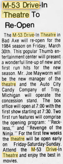 M-53 Drive-In Theatre - 29 Mar 1984 Open For Season (newer photo)